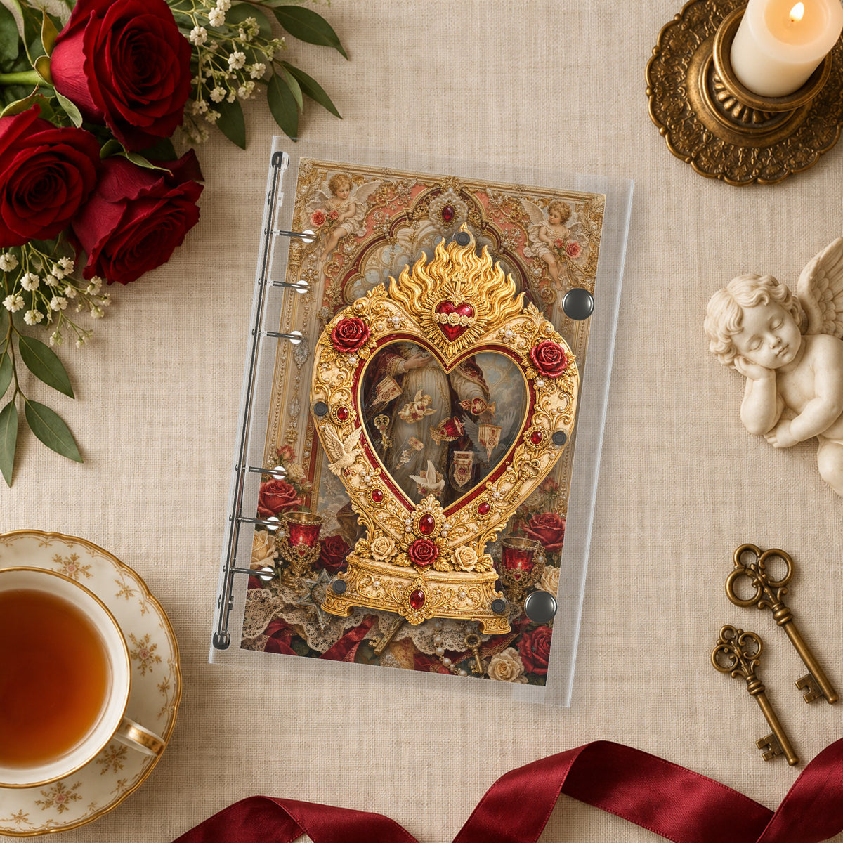 Sacred Heart Roses shaker binder on a styled desk