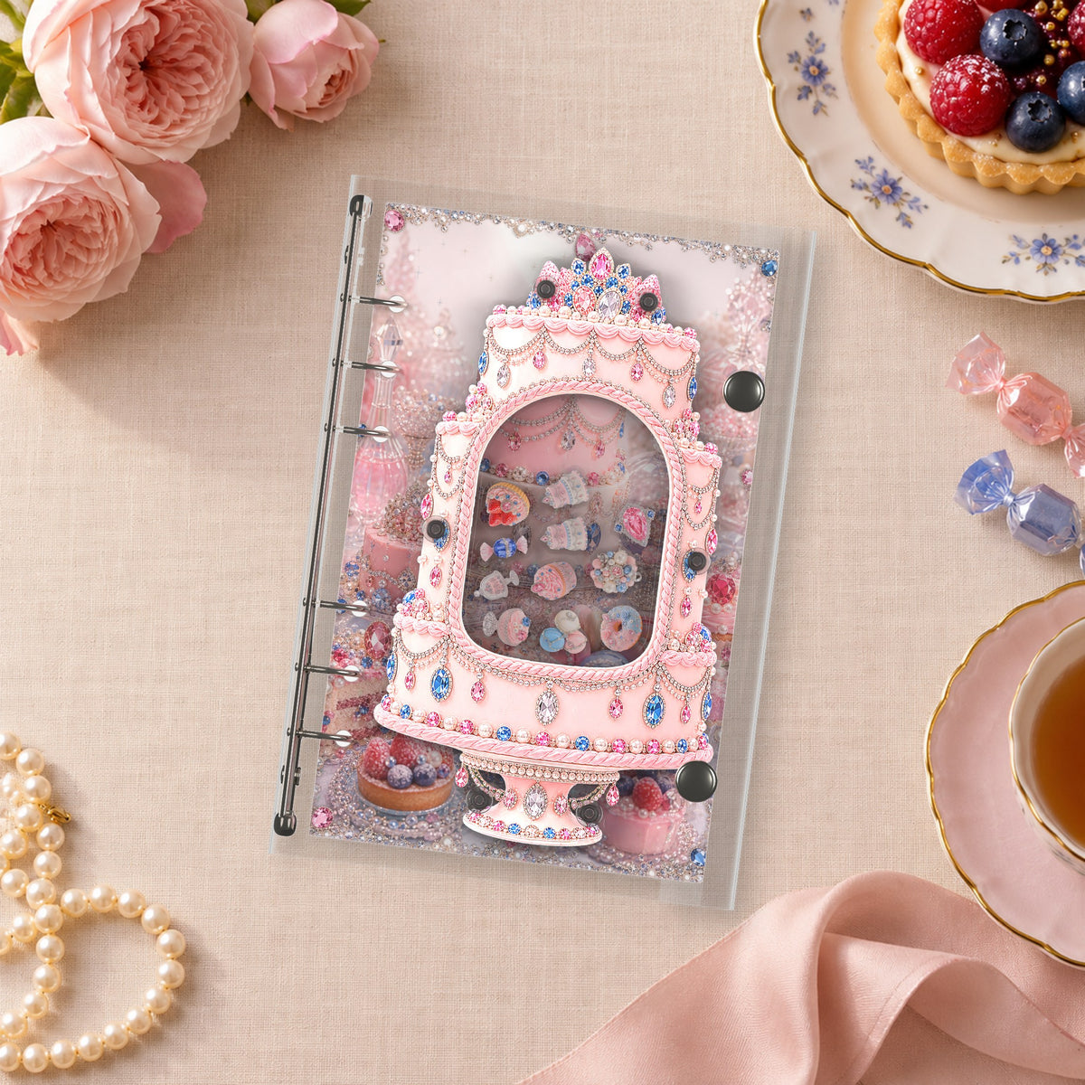 Pink Jewel Cake shaker binder on a styled desk