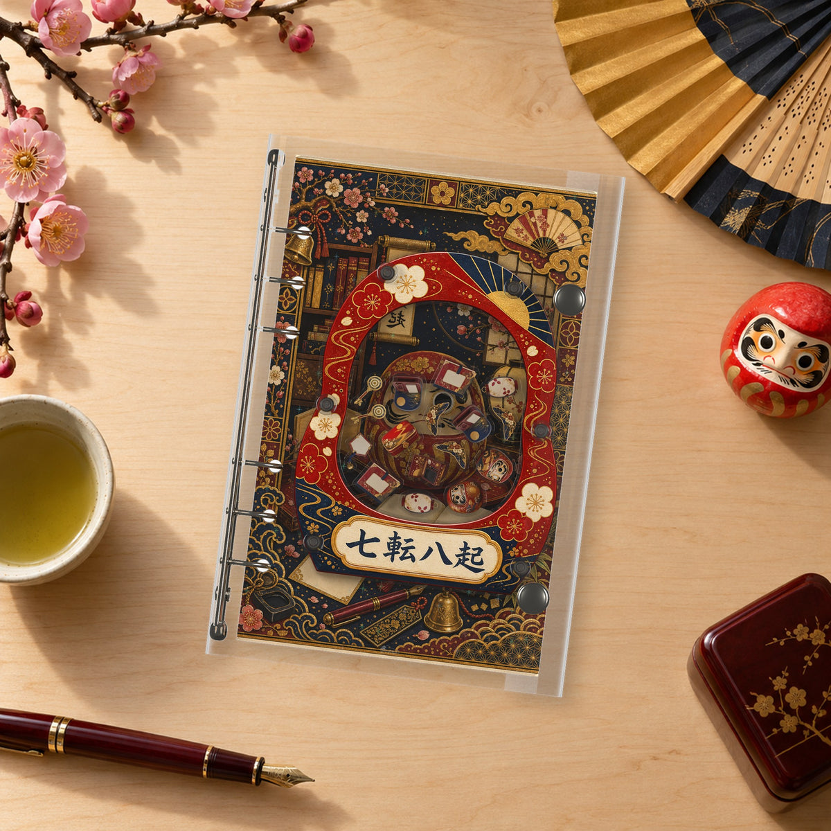 Lucky Daruma shaker binder on a styled desk