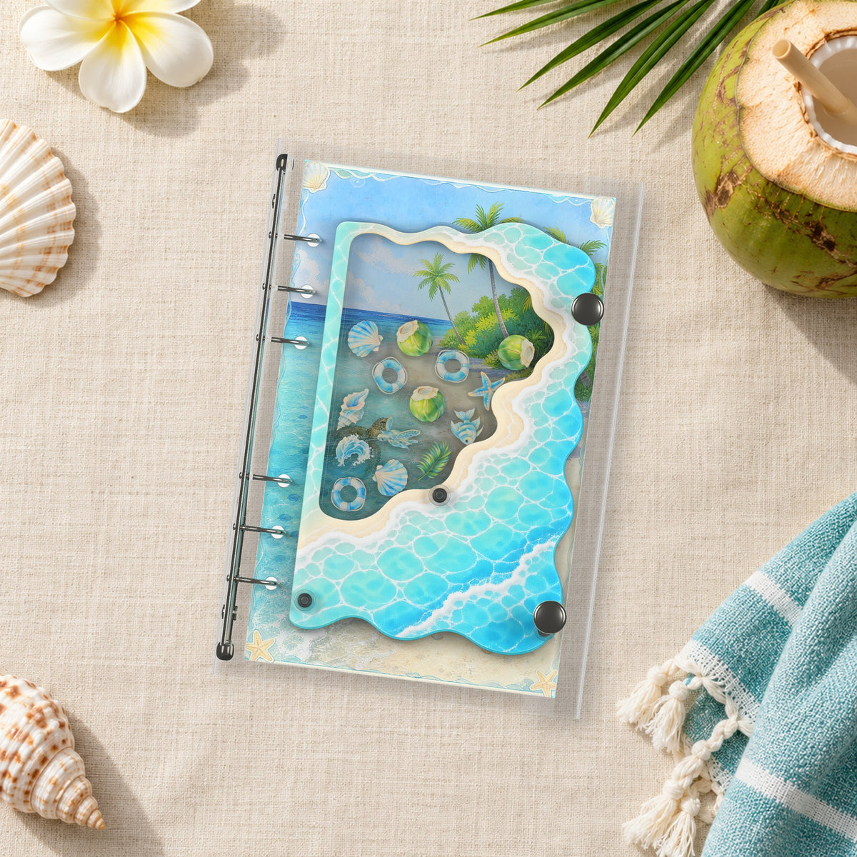 Tropical Beach Waves shaker binder on a styled desk