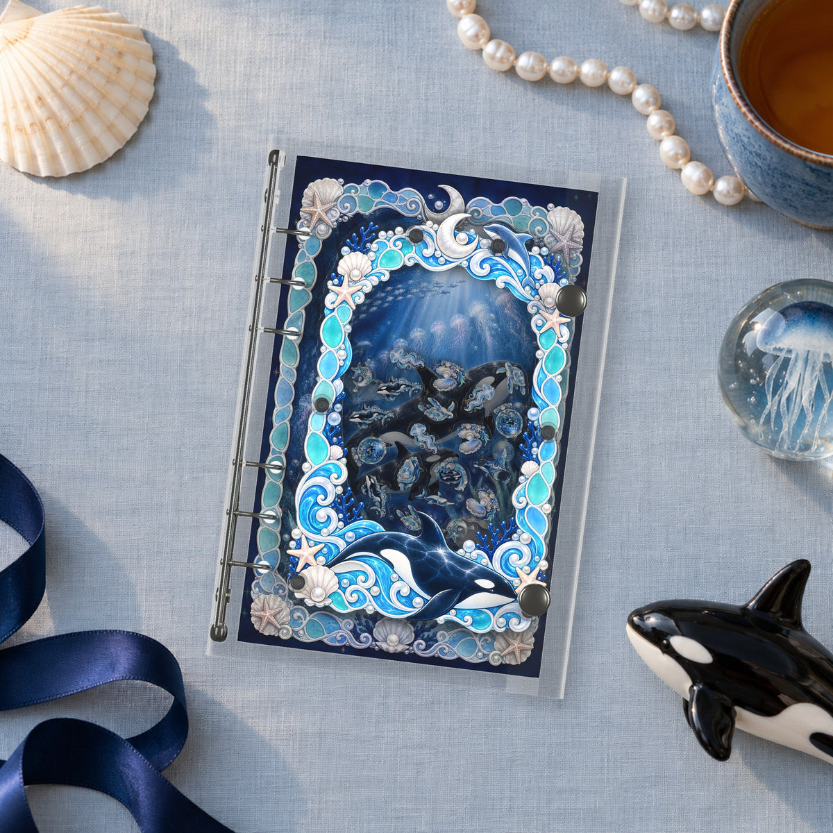 Moonlit Orca Bay shaker binder on a styled desk