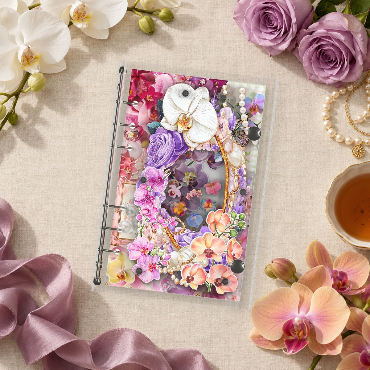 Purple Orchids shaker binder on a styled desk