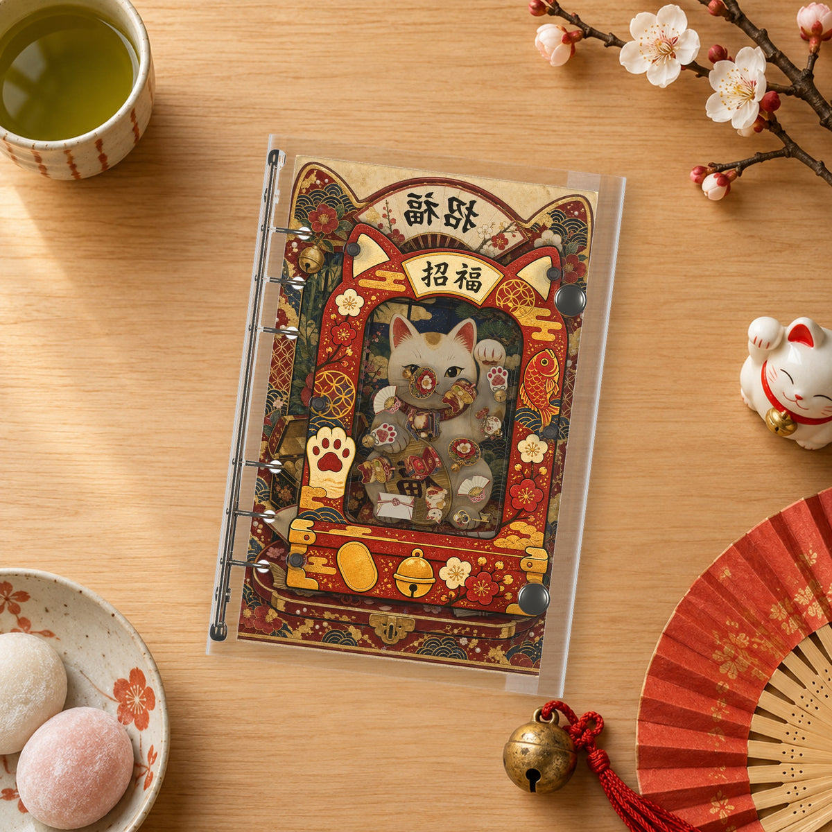 Maneki Neko Lucky Cat shaker binder on a styled desk