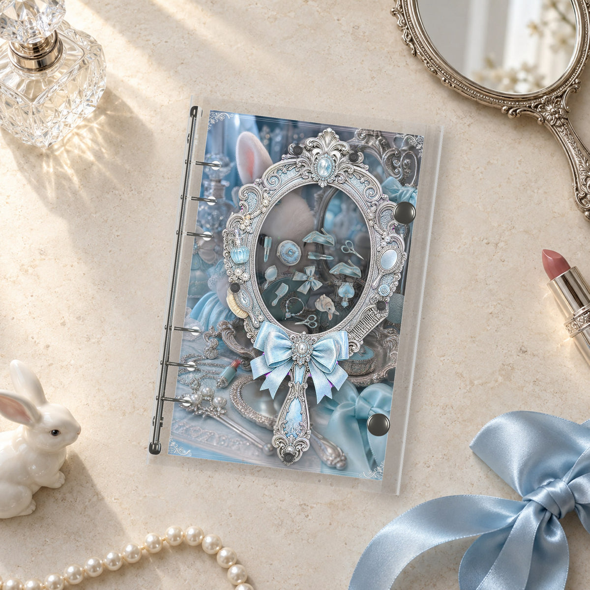 White Bunny Vanity shaker binder on a styled desk