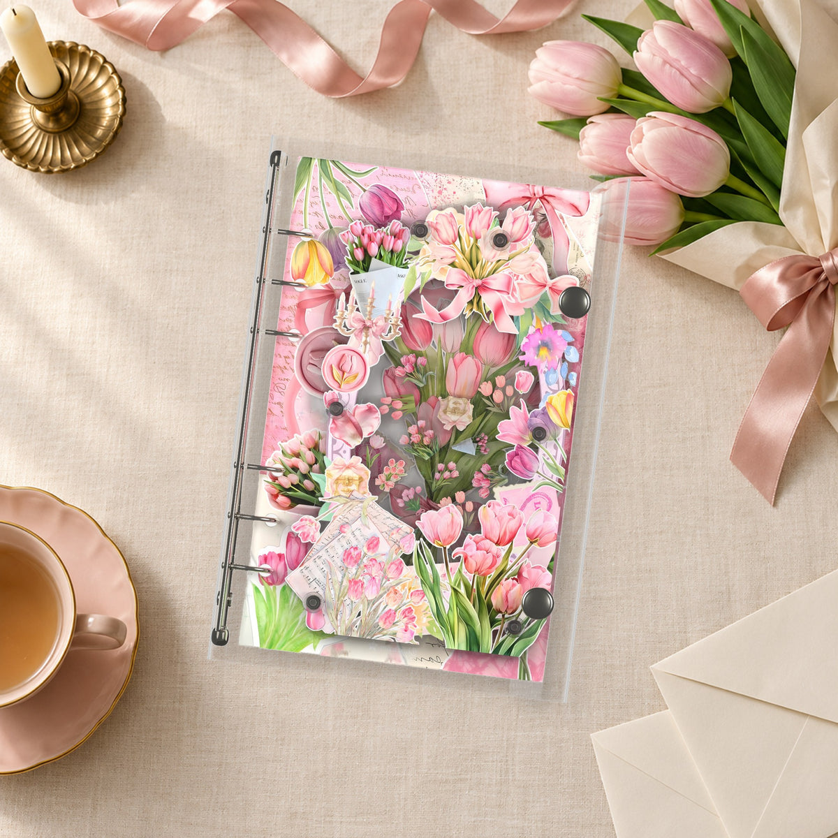 Pink Tulips shaker binder on a styled desk