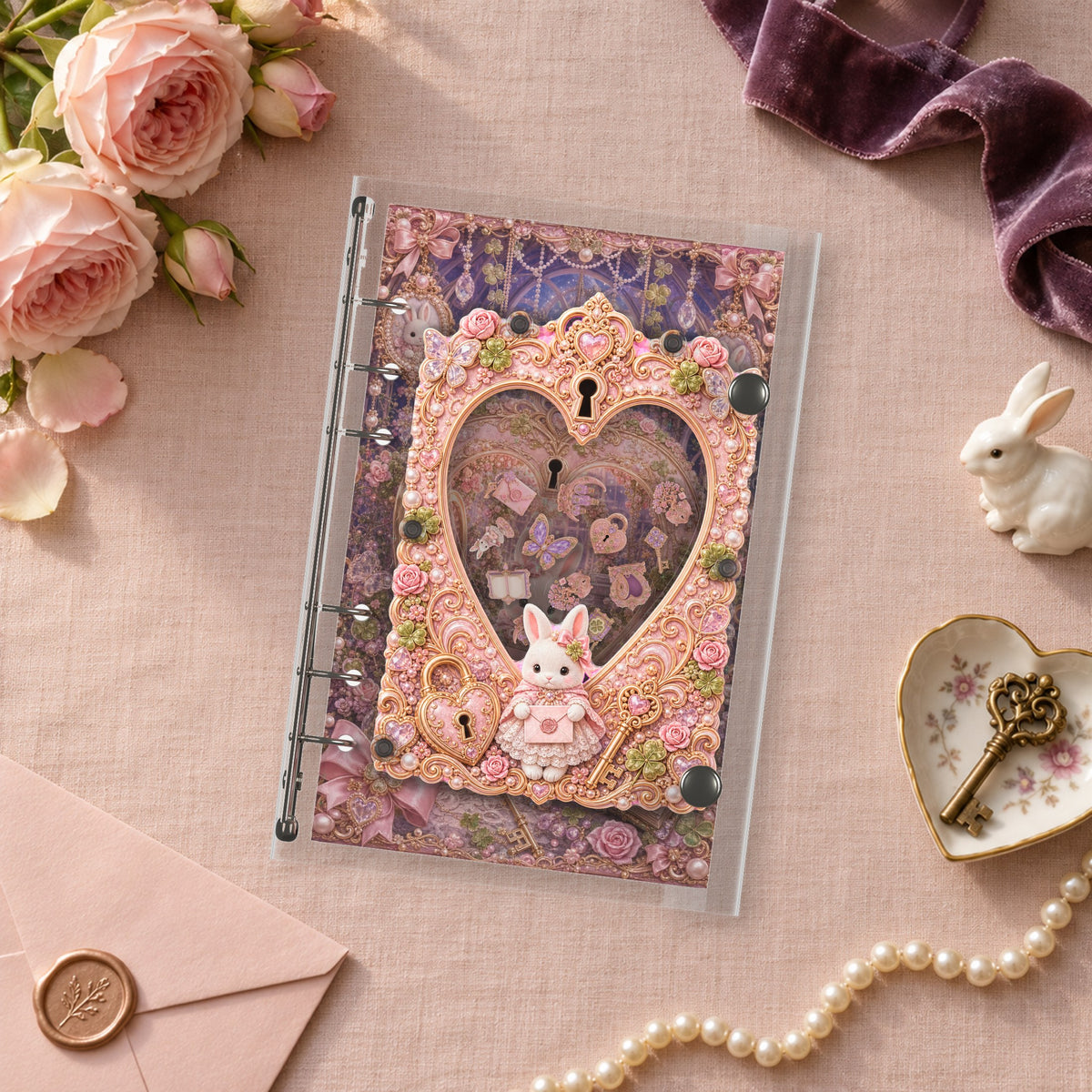Heart Gate Bunny shaker binder on a styled desk