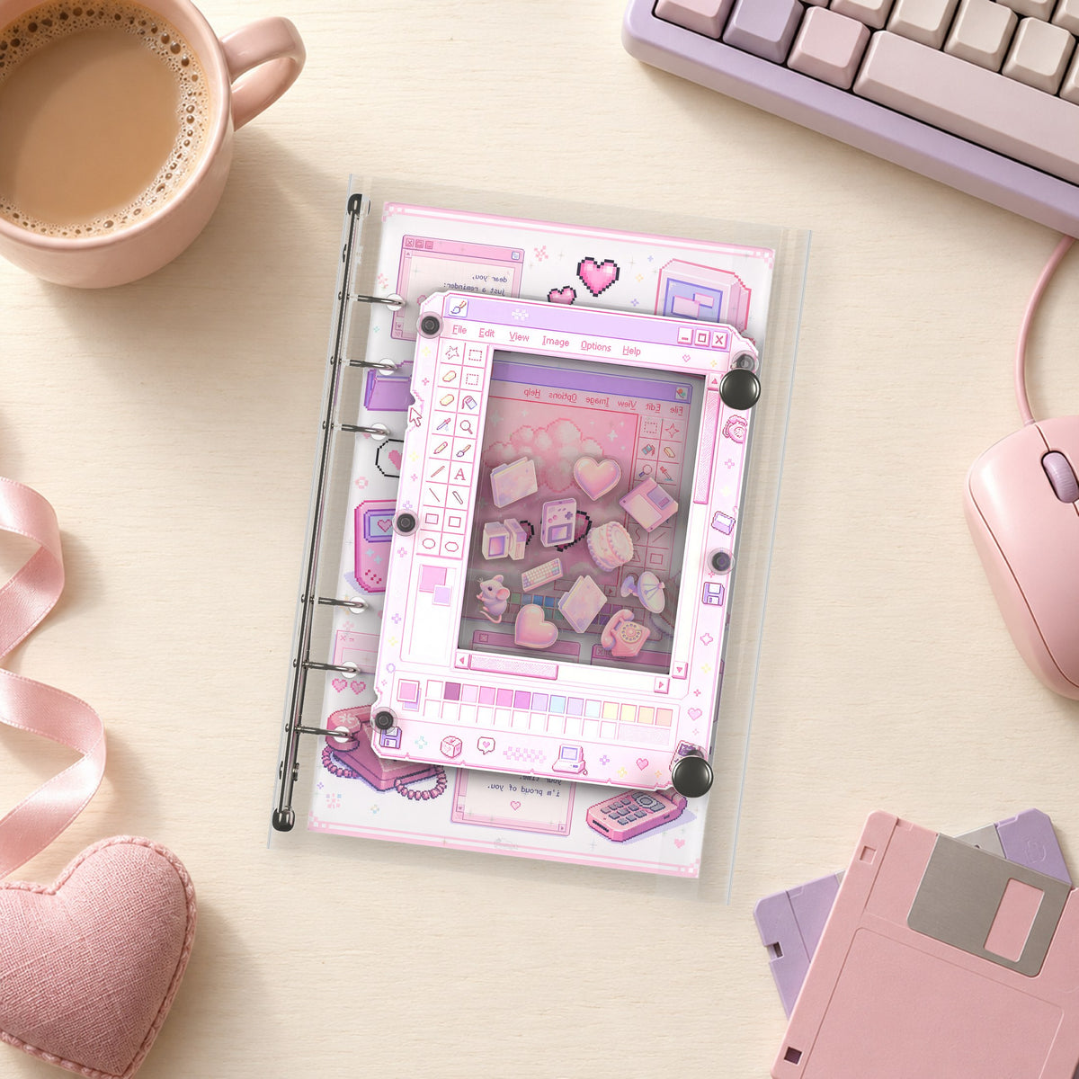 Retro Desktop Icons shaker binder on a styled desk
