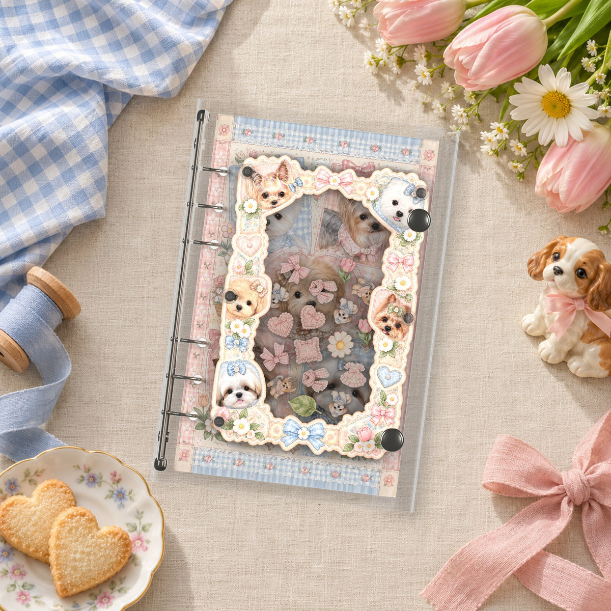 Gingham Puppies shaker binder on a styled desk