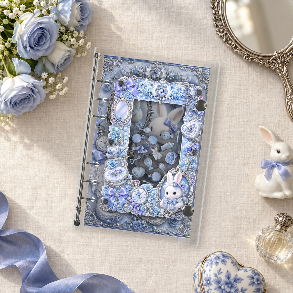 Blue Bunny Vanity shaker binder on a styled desk