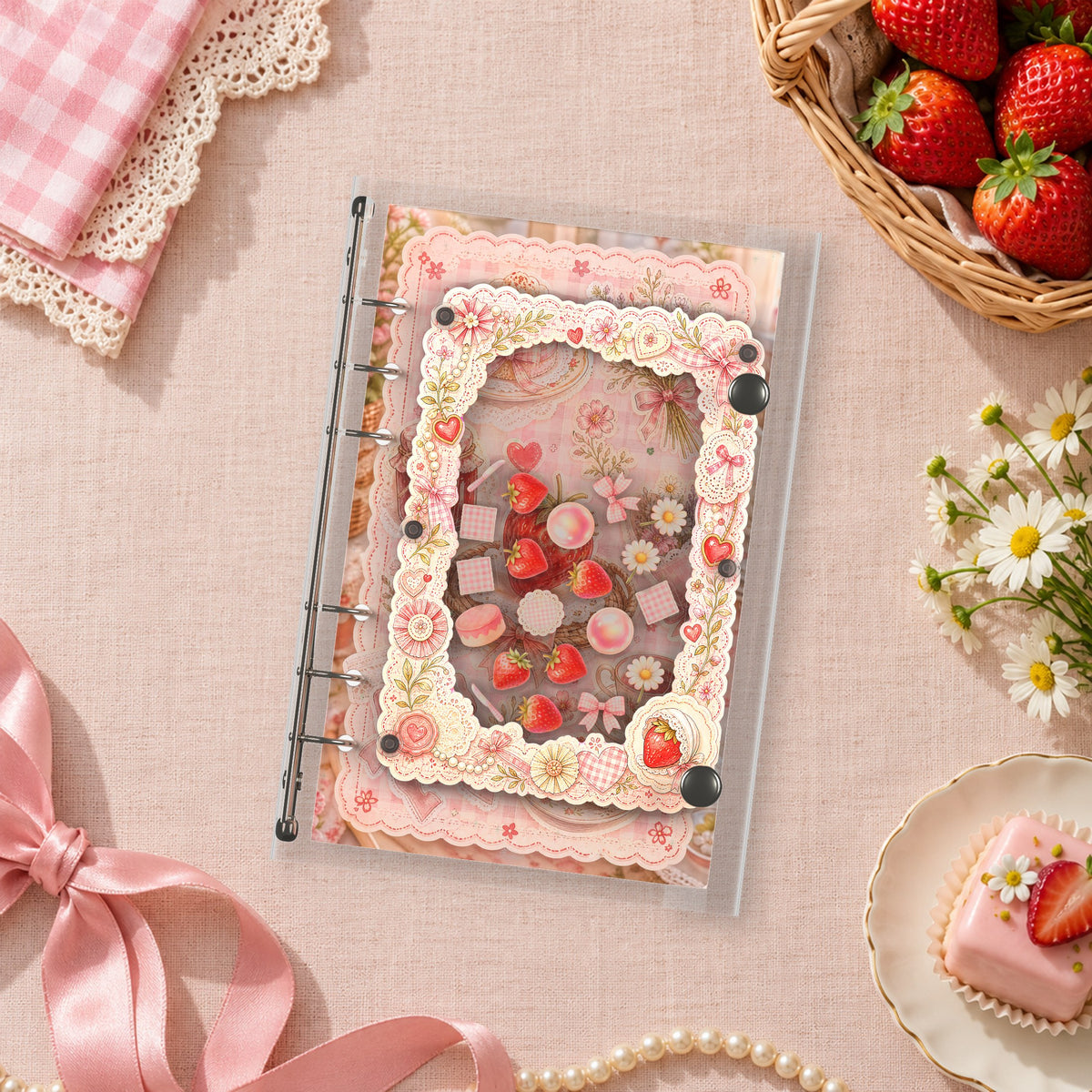 Strawberry Picnic Party shaker binder on a styled desk
