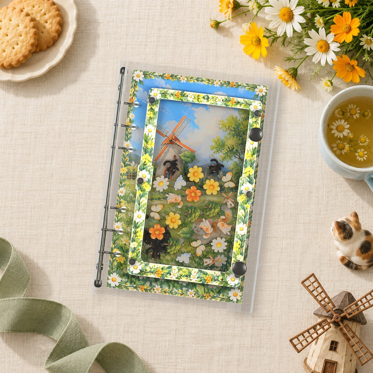 Windmill Meadow Kittens shaker binder on a styled desk