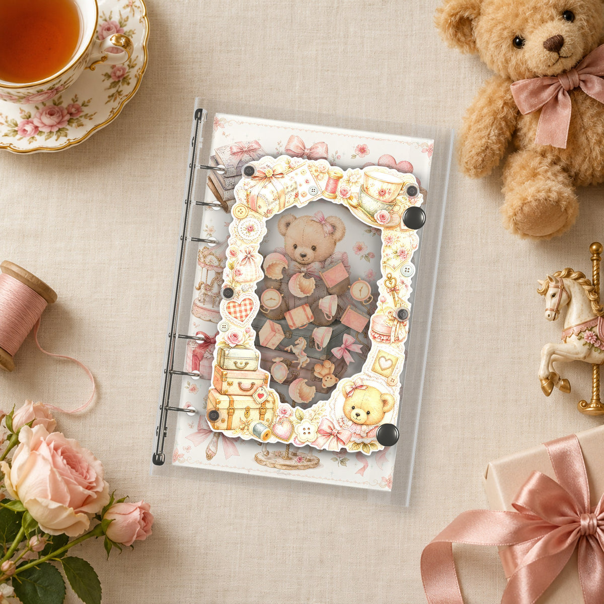 Vintage Teddy Bear shaker binder on a styled desk
