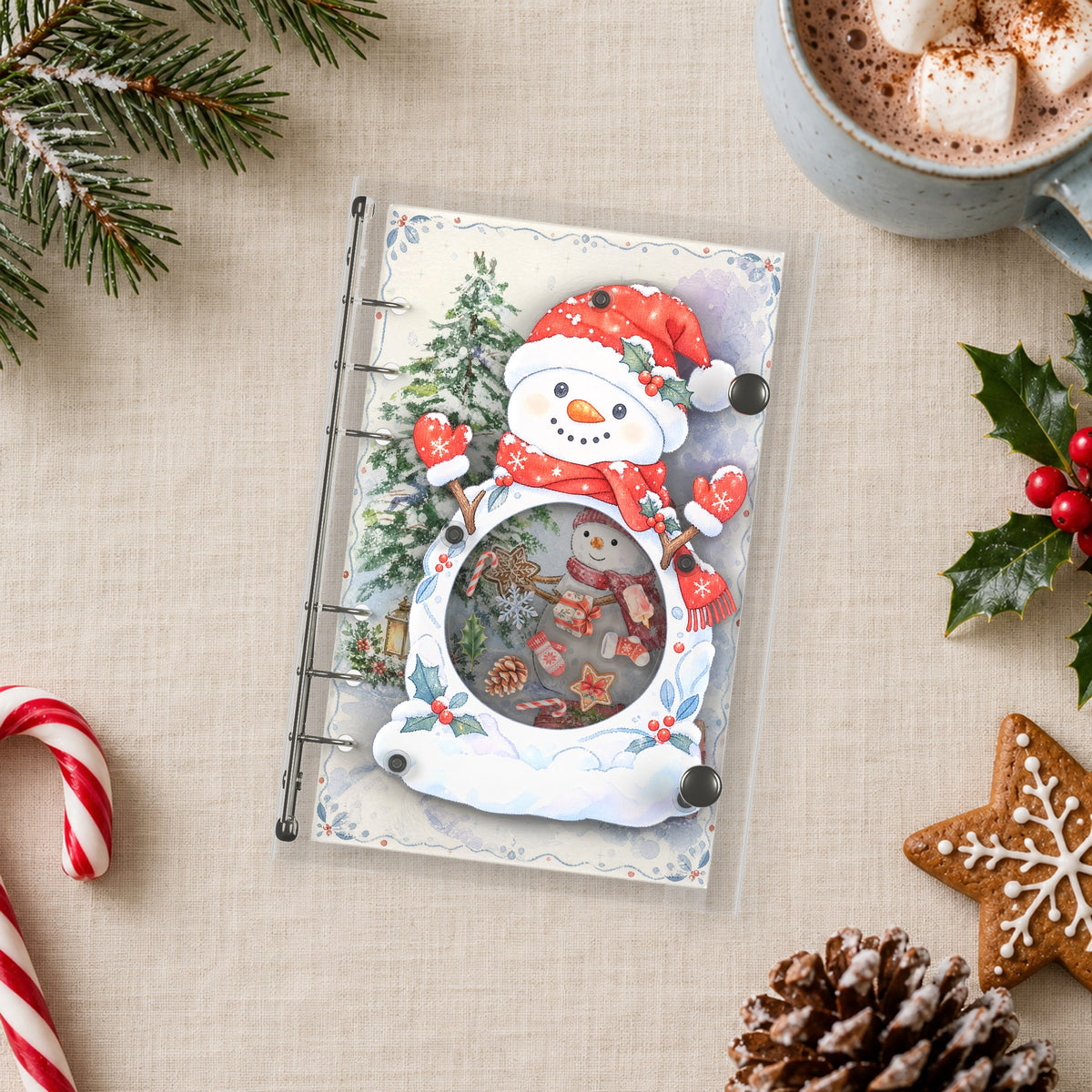 Christmas Snowman shaker binder on a styled desk