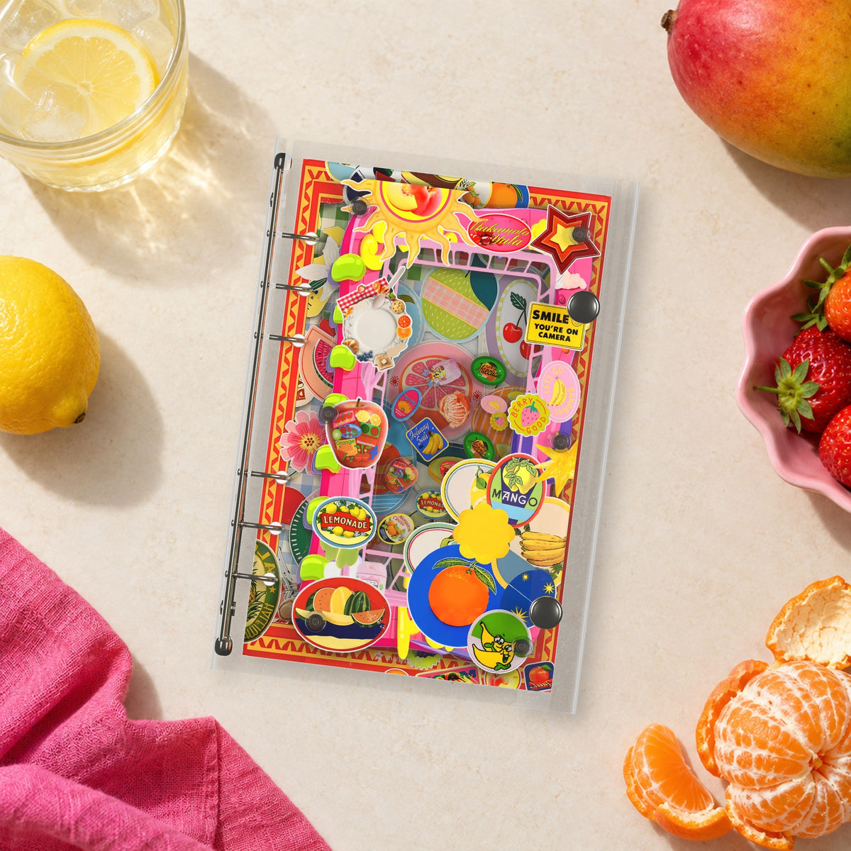 Retro Fruit Labels shaker binder on a styled desk