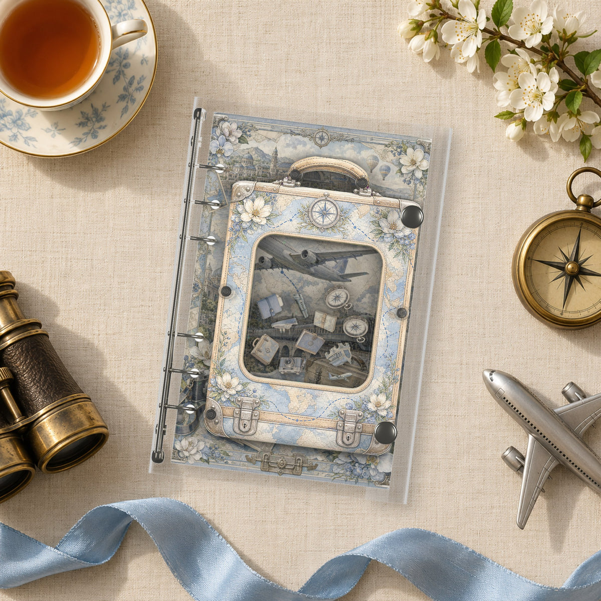 Vintage Suitcase Atlas shaker binder on a styled desk
