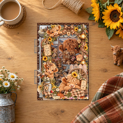 Sunflower Highland Calves shaker binder on a styled desk
