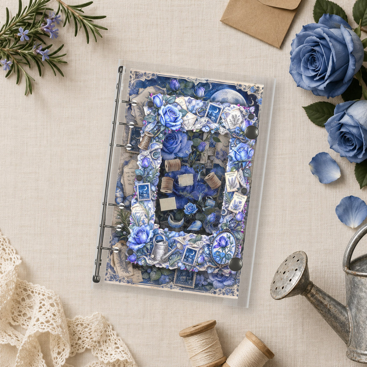 Blue Climbing Roses shaker binder on a styled desk