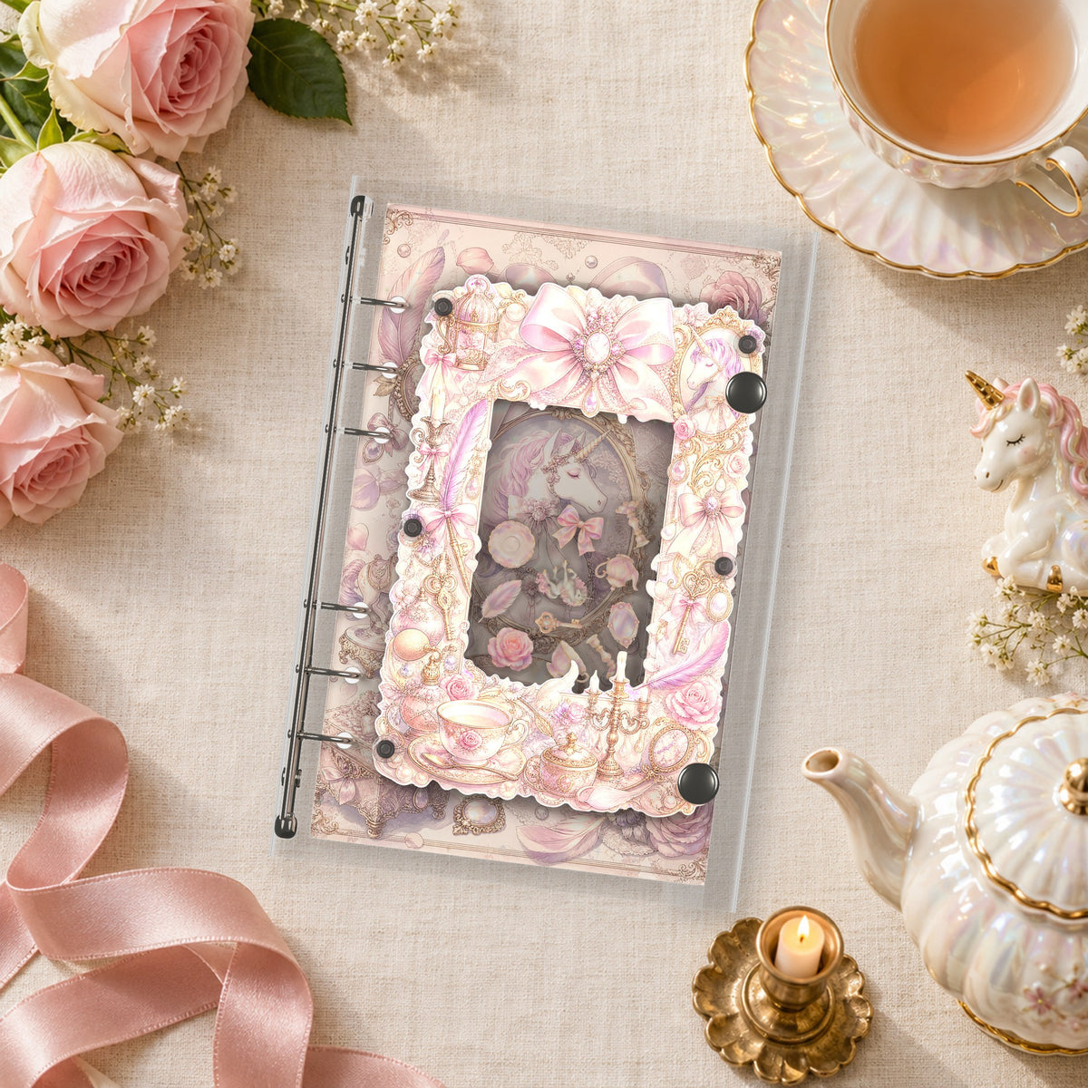 Pastel Unicorn Teatime shaker binder on a styled desk