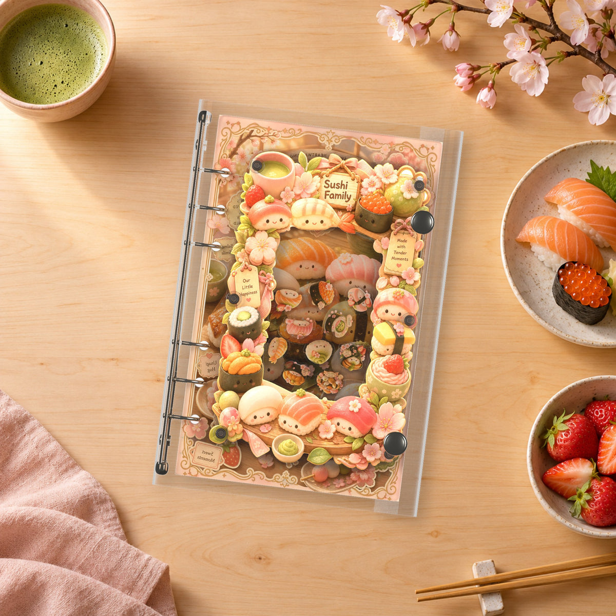 Sushi Family shaker binder on a styled desk