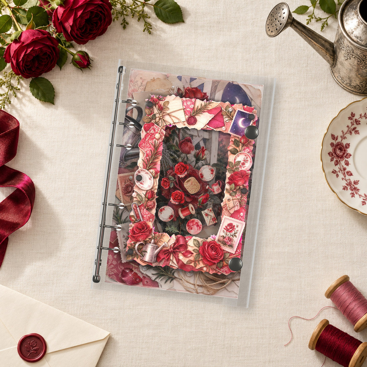 Red Climbing Roses shaker binder on a styled desk