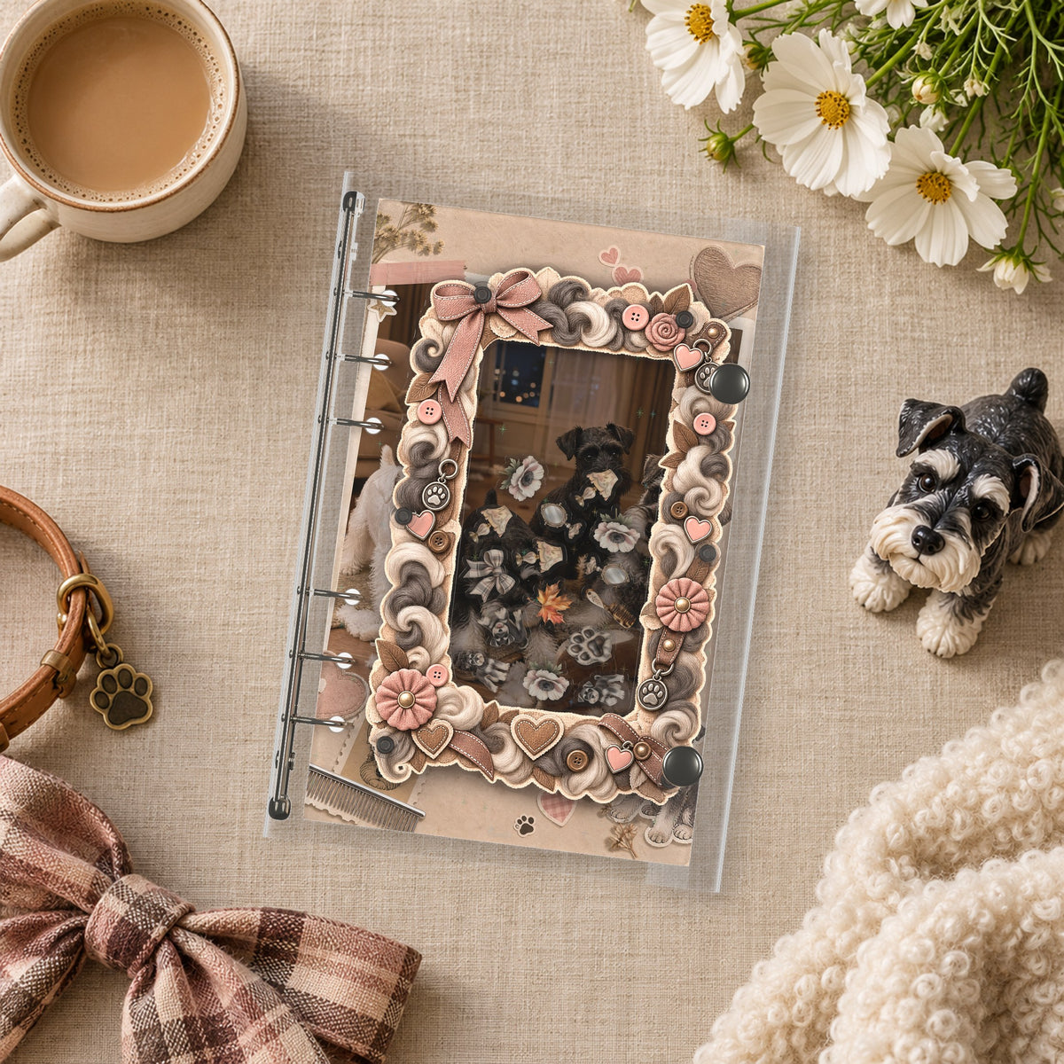 Schnauzer Pup shaker binder on a styled desk