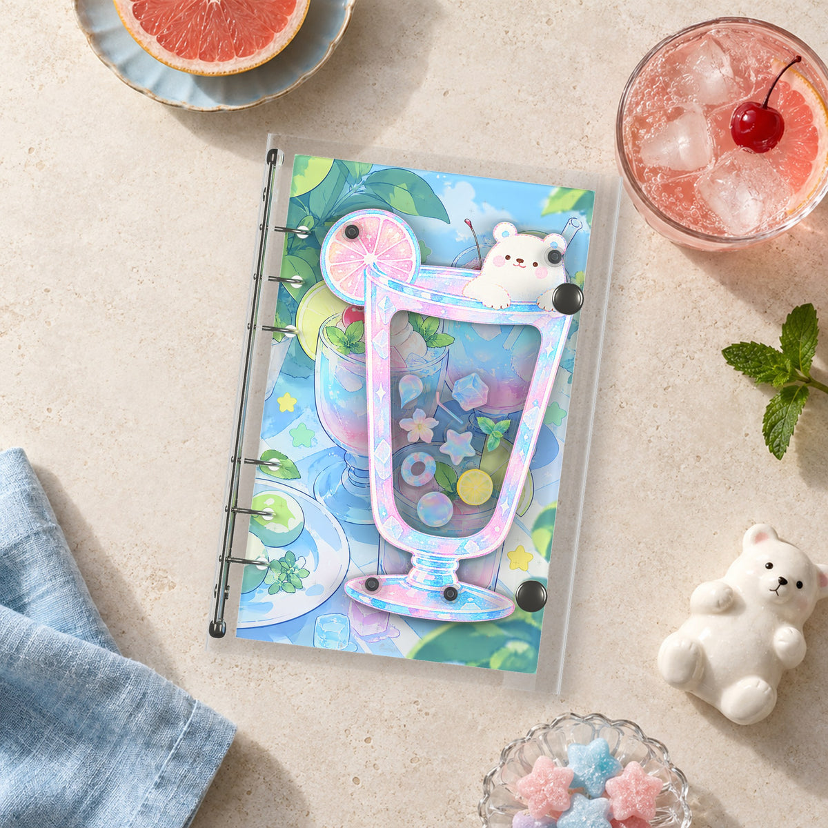 Summer Bear Drinks shaker binder on a styled desk