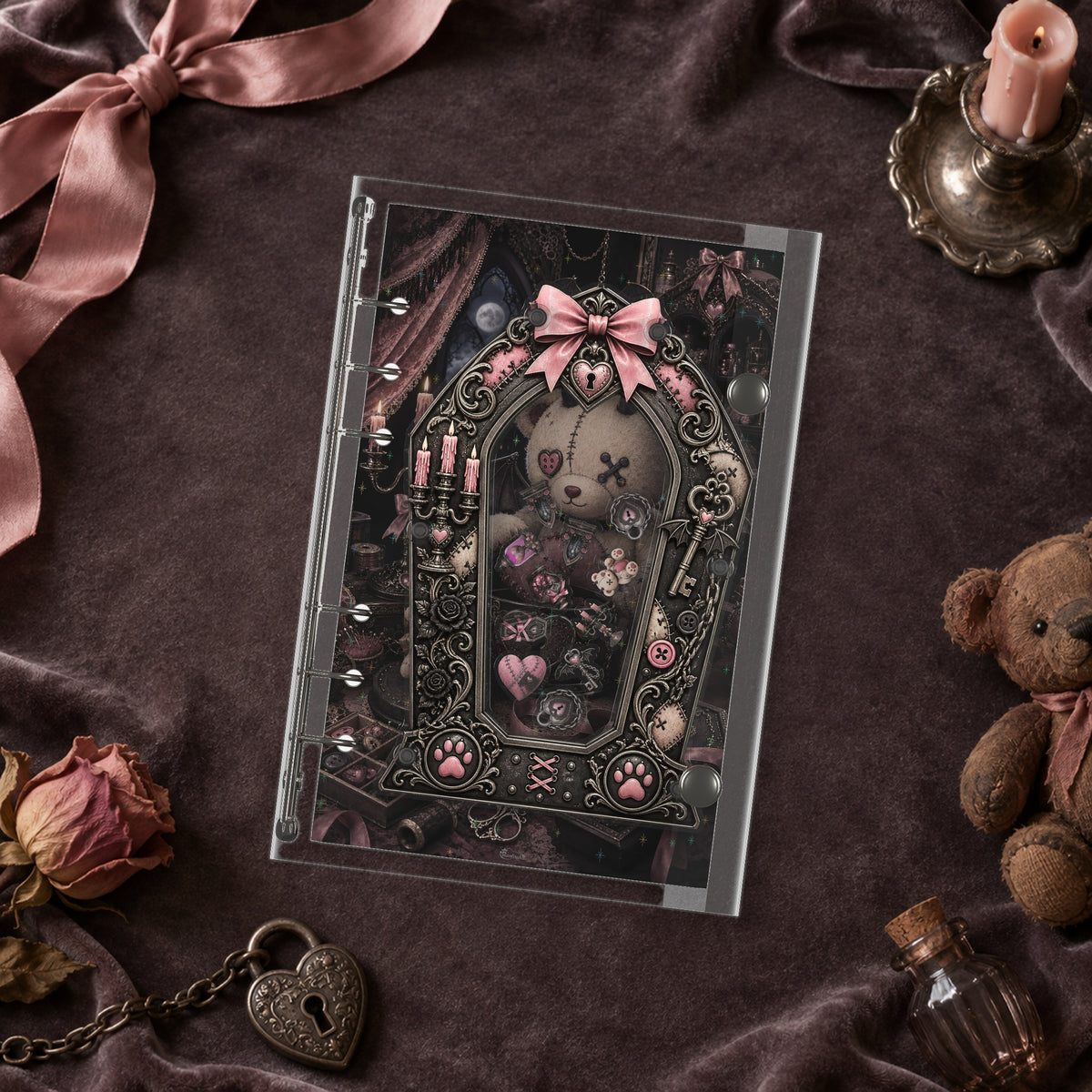 Midnight Teddy Doll shaker binder on a styled desk