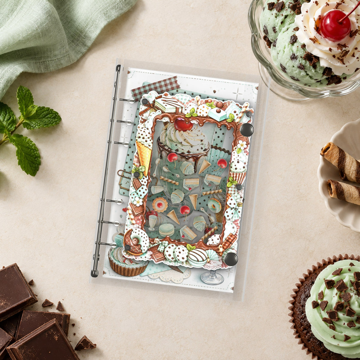Mint Chocolate Sundae shaker binder on a styled desk