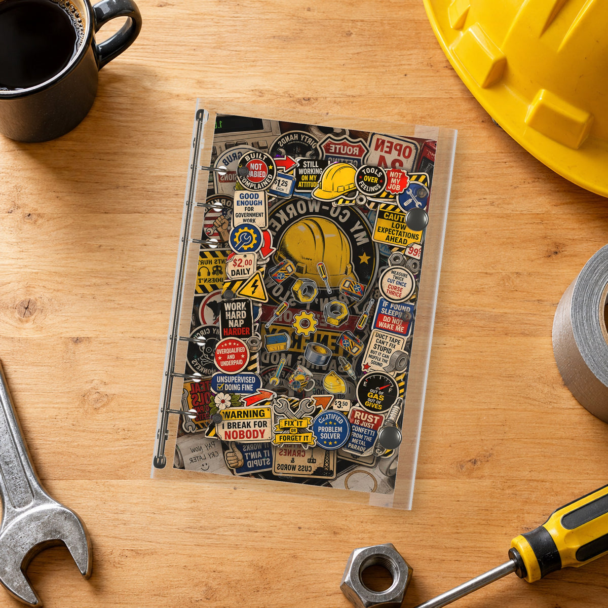 Hard Hat Stickers shaker binder on a styled desk