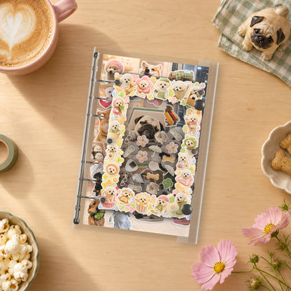 Pug & Fluffy Puppies shaker binder on a styled desk