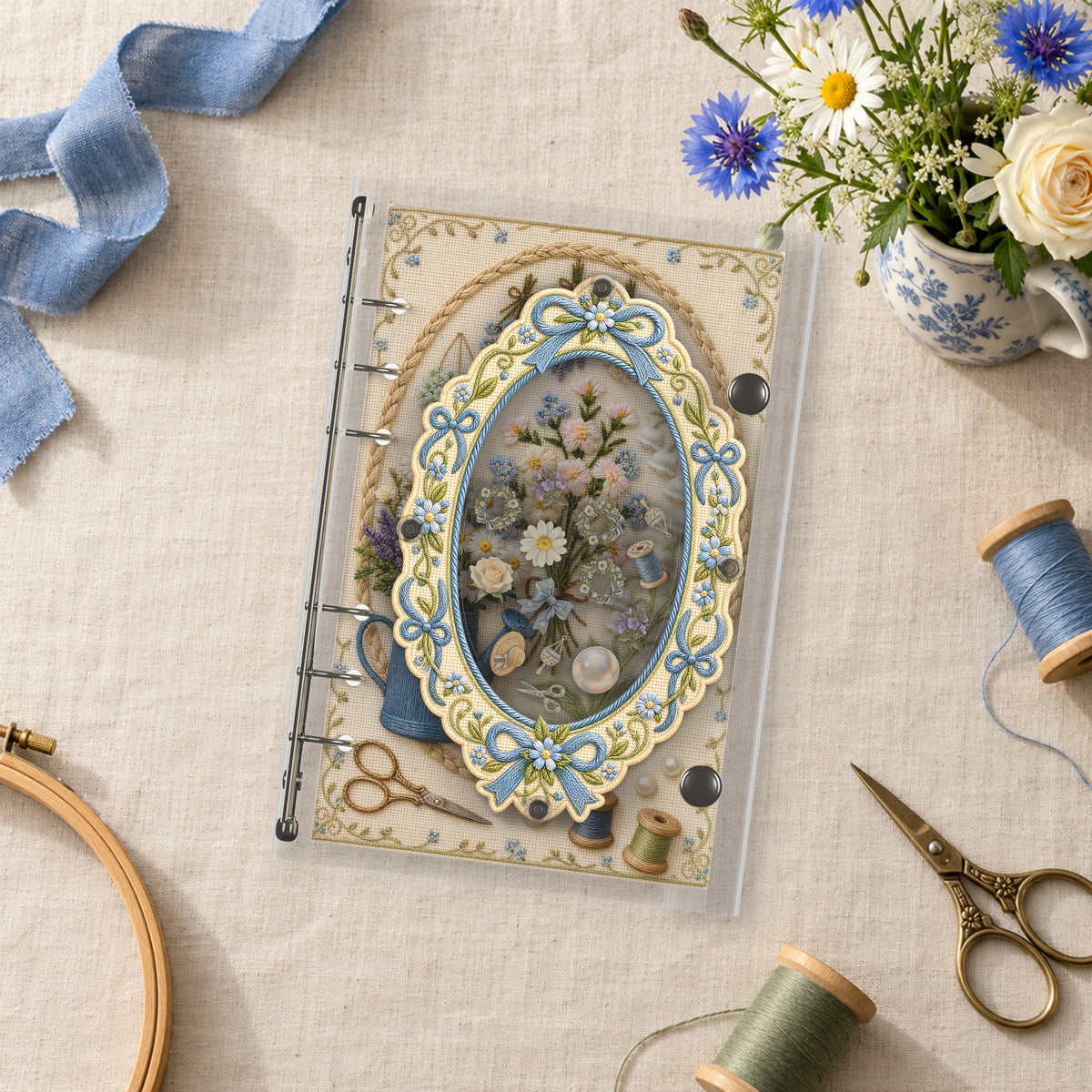 Embroidered Flowers shaker binder on a styled desk