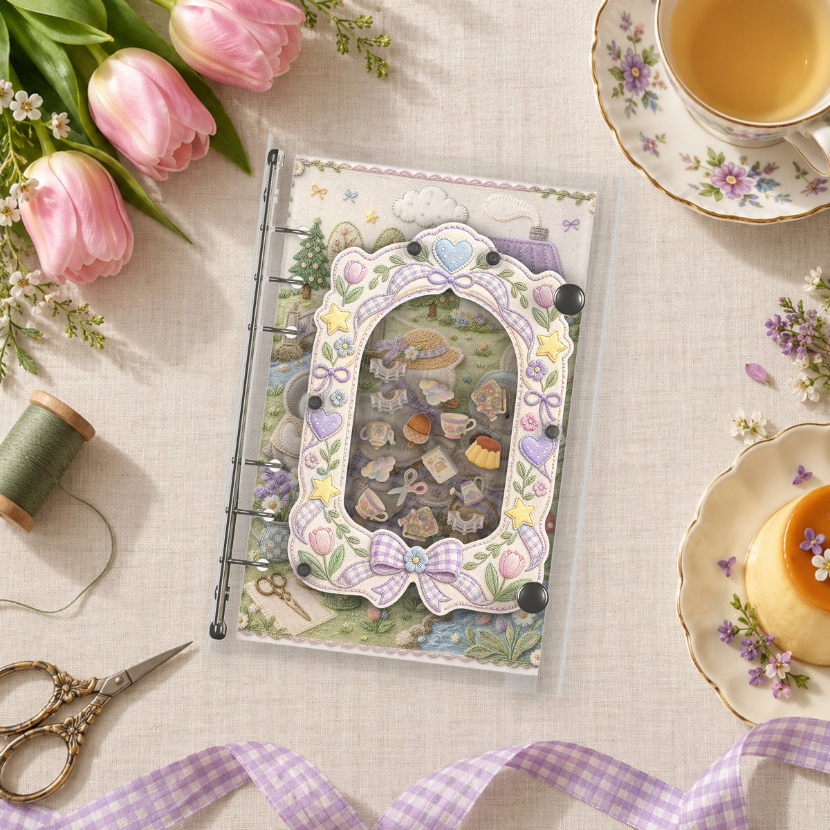 Embroidered Garden Picnic shaker binder on a styled desk