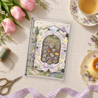 Embroidered Garden Picnic shaker binder on a styled desk