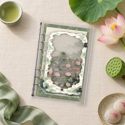 Green Lotus Pond shaker binder on a styled desk