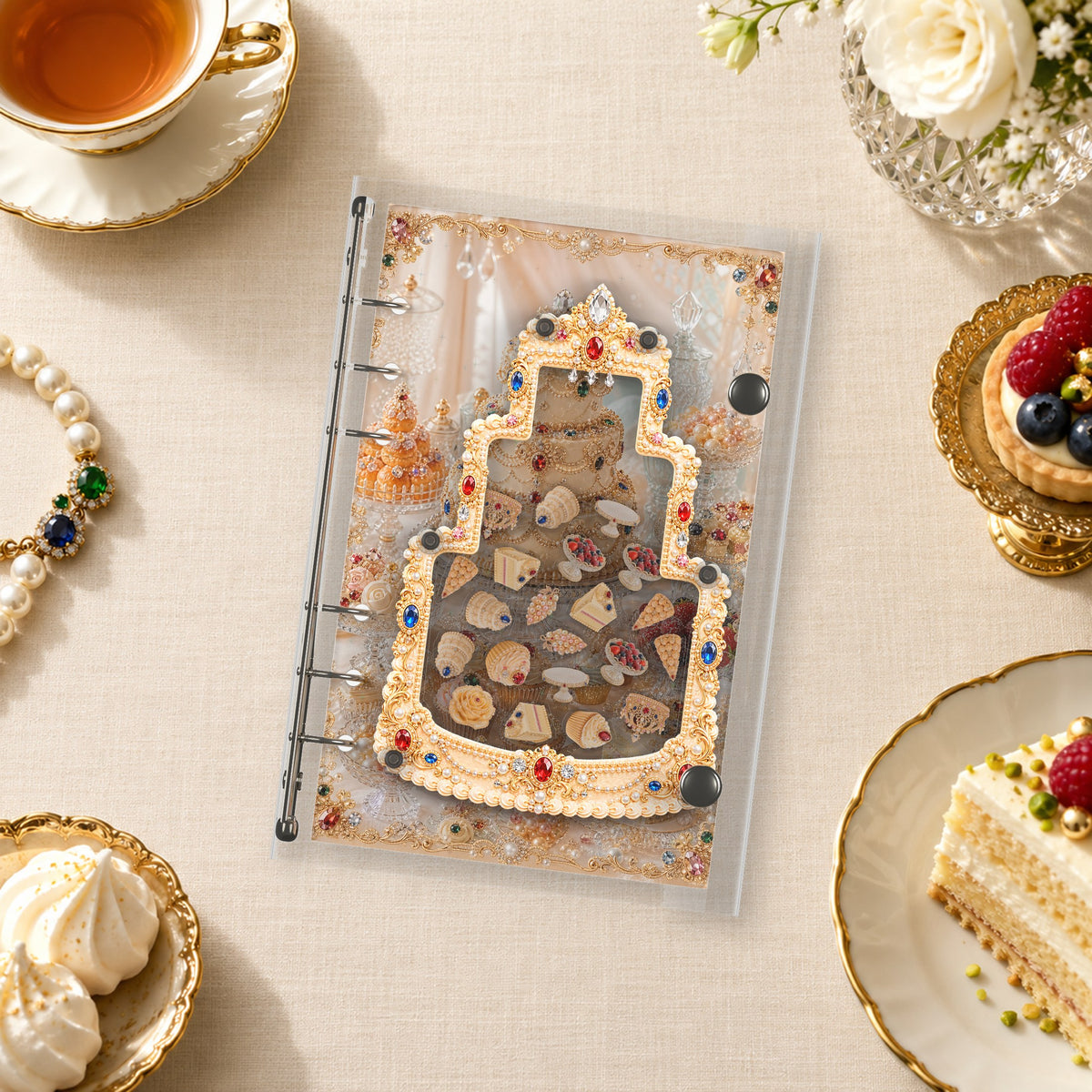 Golden Jewel Cake shaker binder on a styled desk