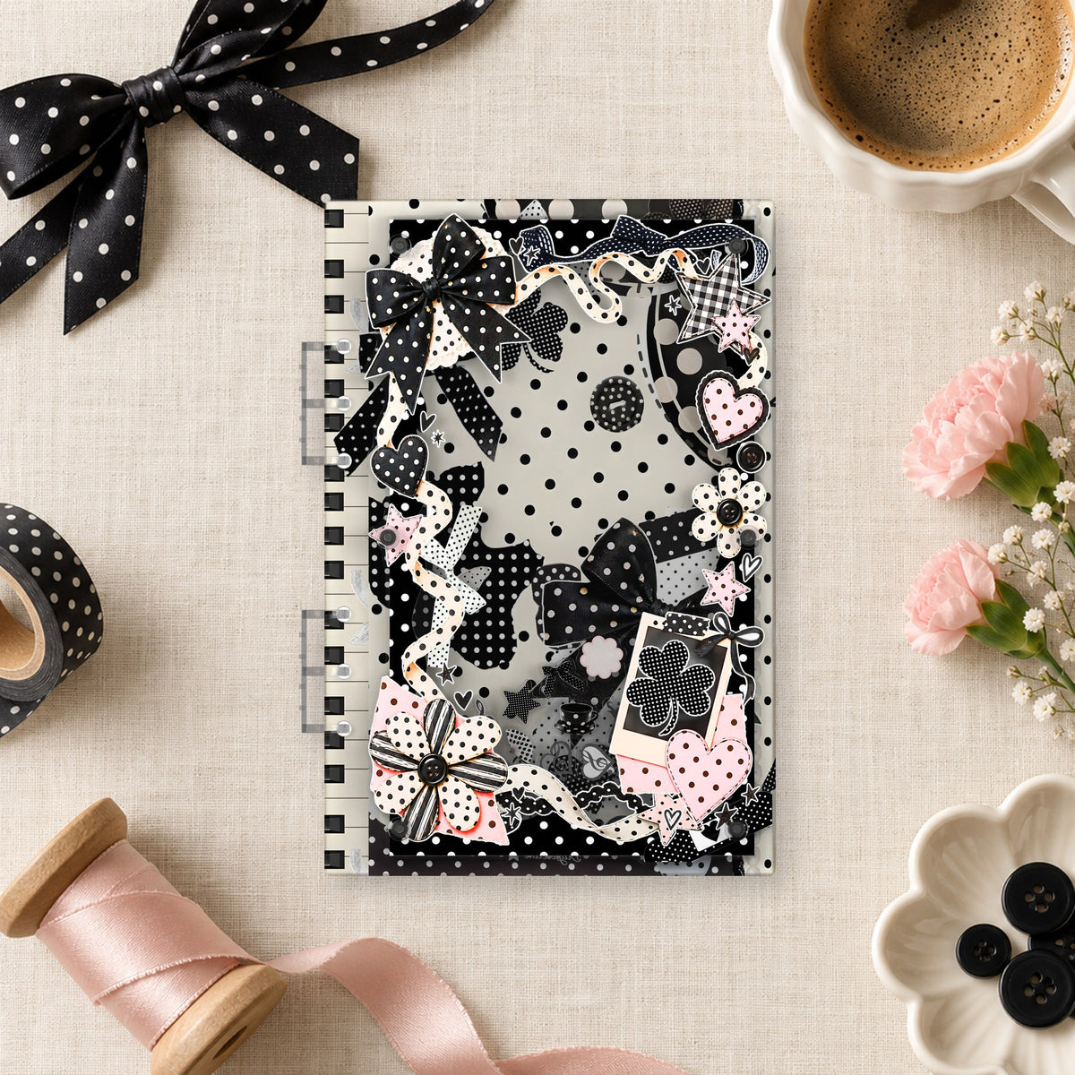 Polka Dot Bows shaker binder on a styled desk