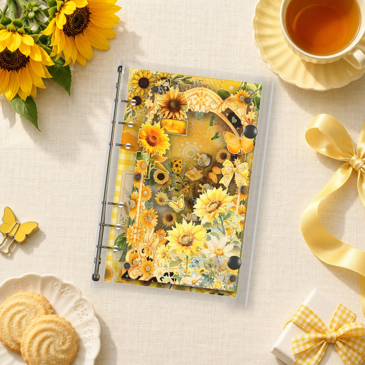 Sunshine Sunflowers shaker binder on a styled desk