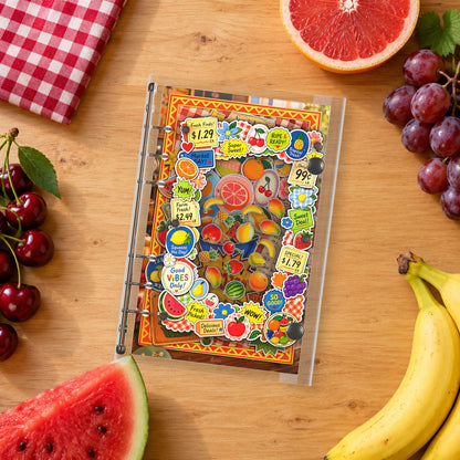 Fruit Market Stickers shaker binder on a styled desk