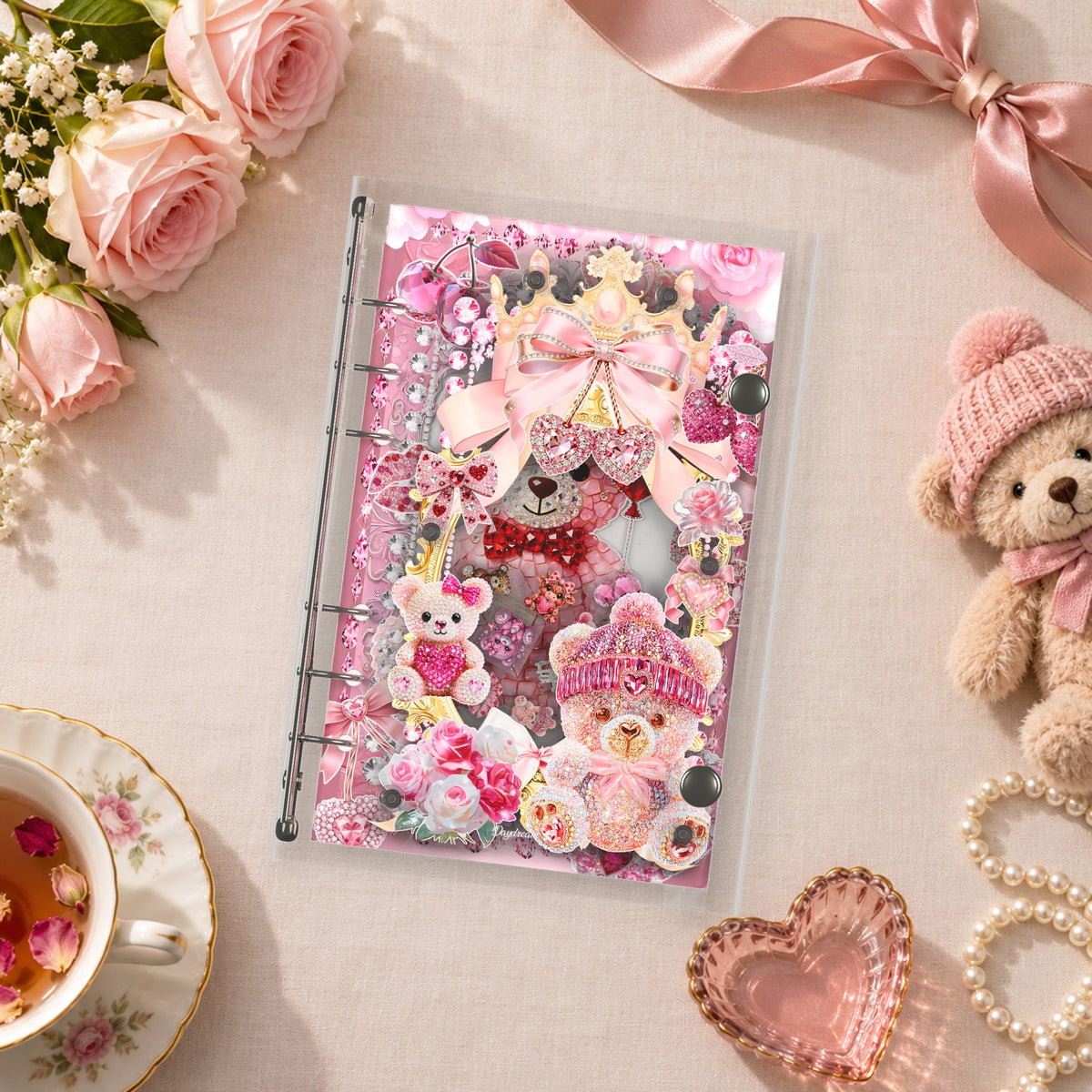 Pink Bears & Hearts shaker binder on a styled desk