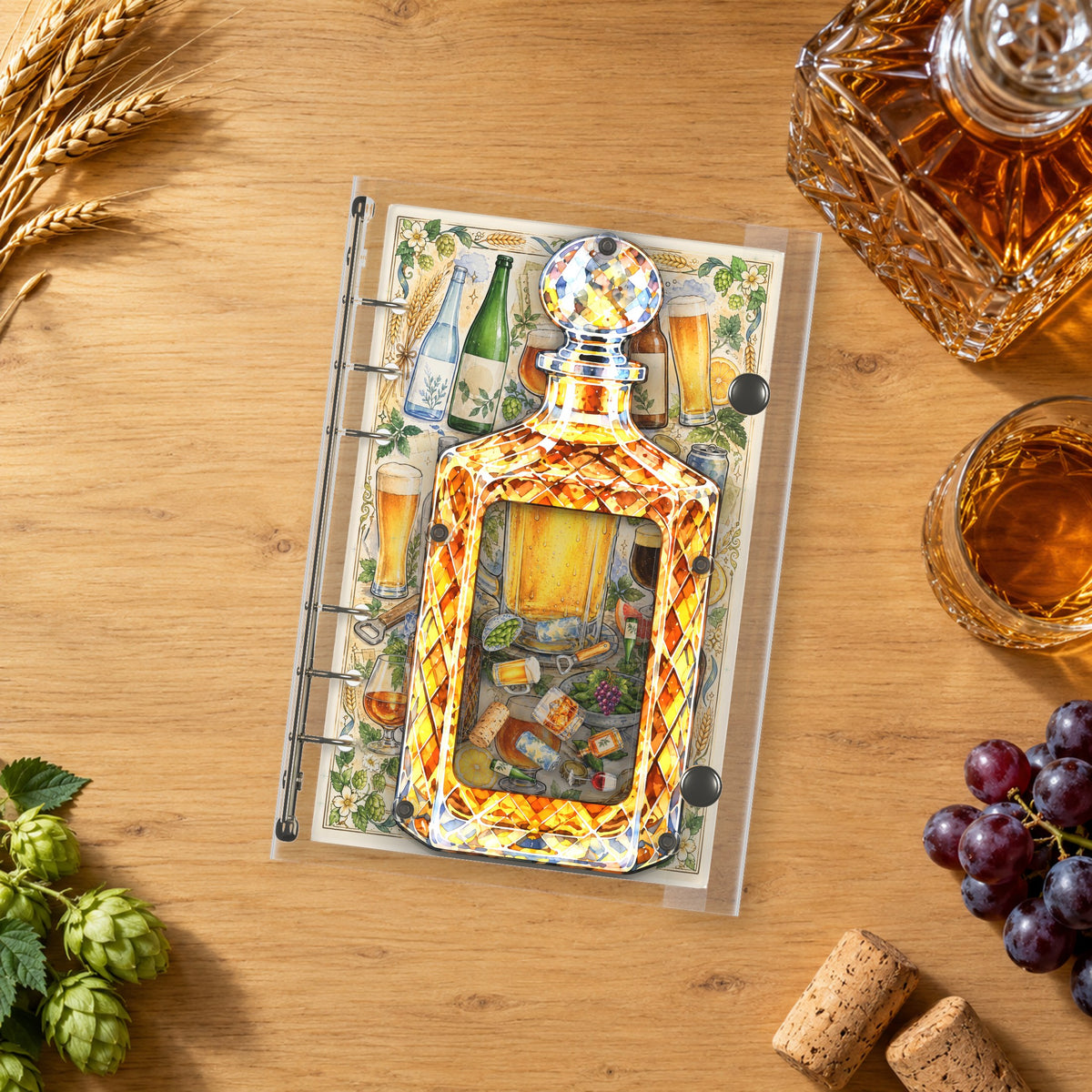 Amber Whisky Decanter shaker binder on a styled desk
