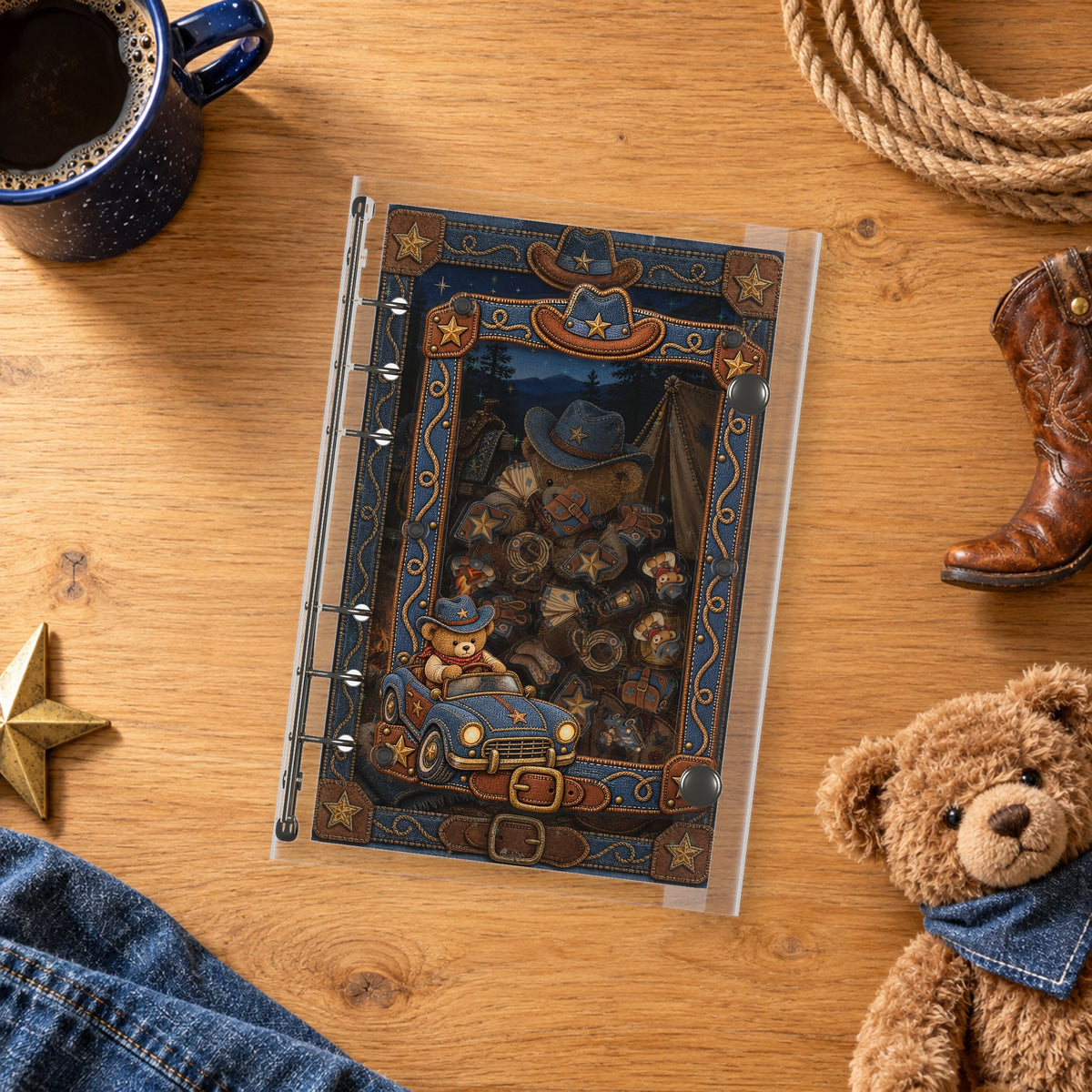 Cowboy Bear Camp shaker binder on a styled desk
