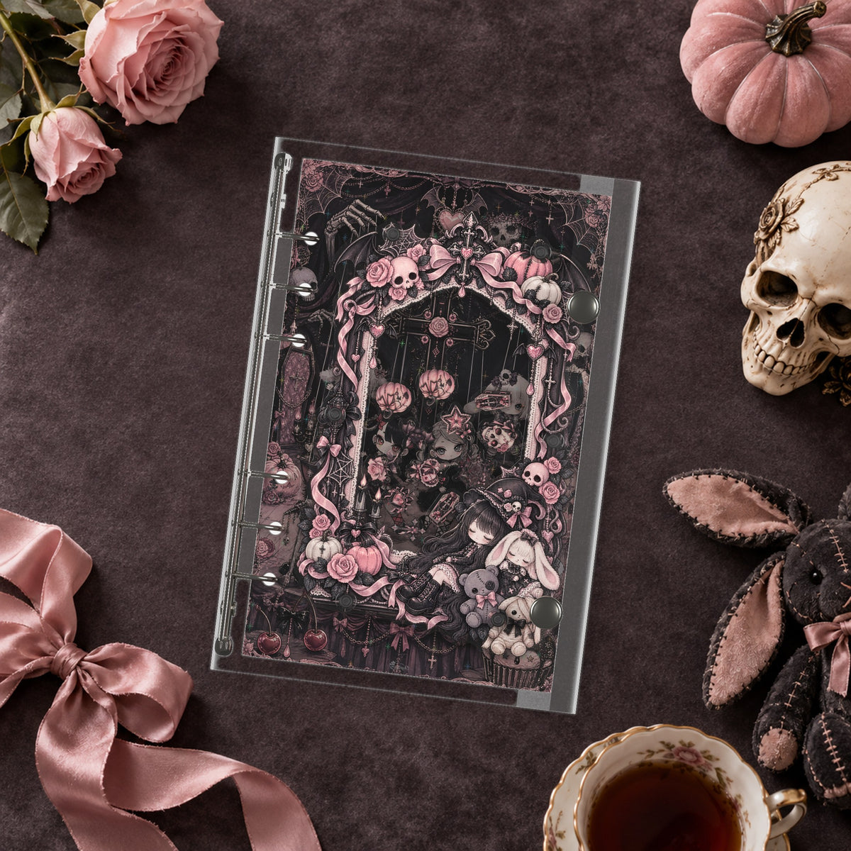 Pink Gothic Halloween shaker binder on a styled desk