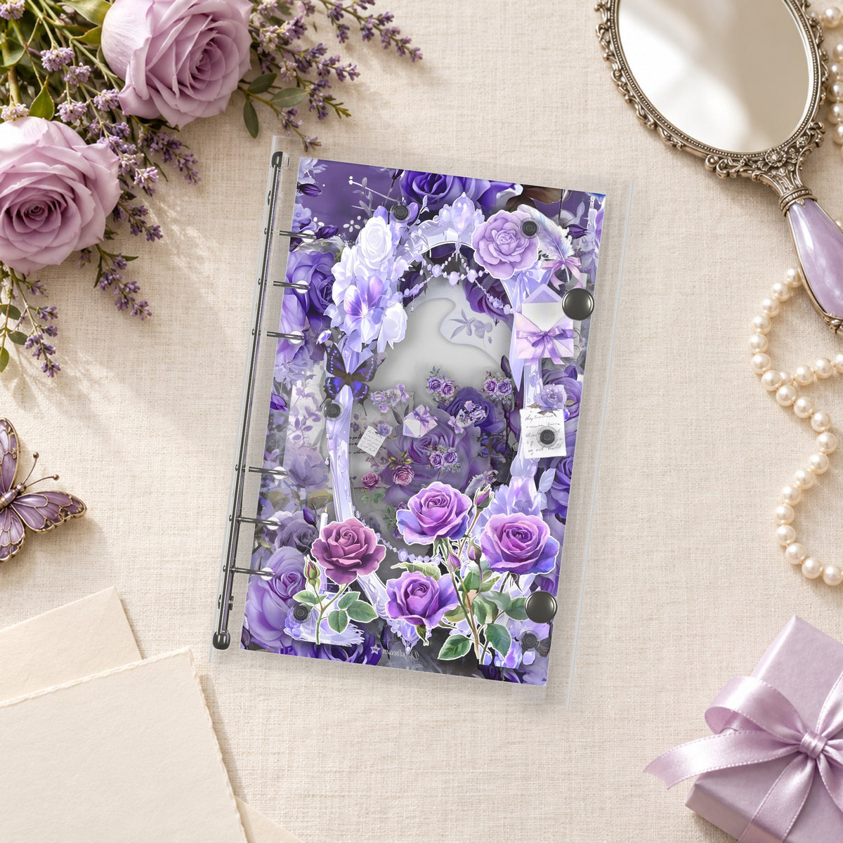 Lavender Pearl Roses shaker binder on a styled desk