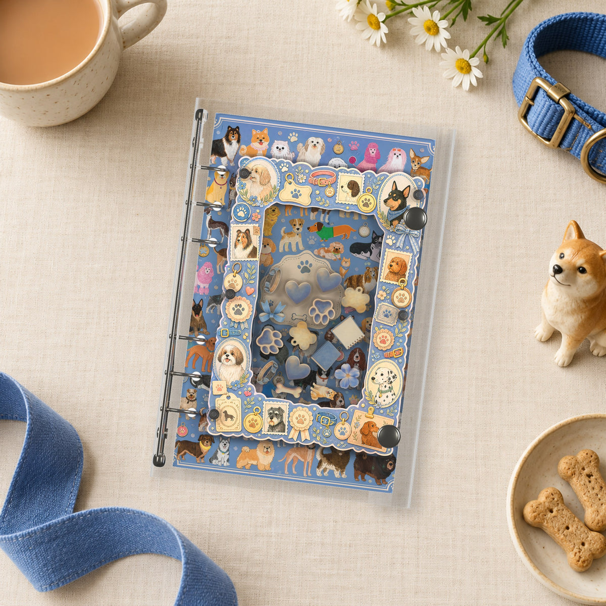 Dog Breed Chart shaker binder on a styled desk