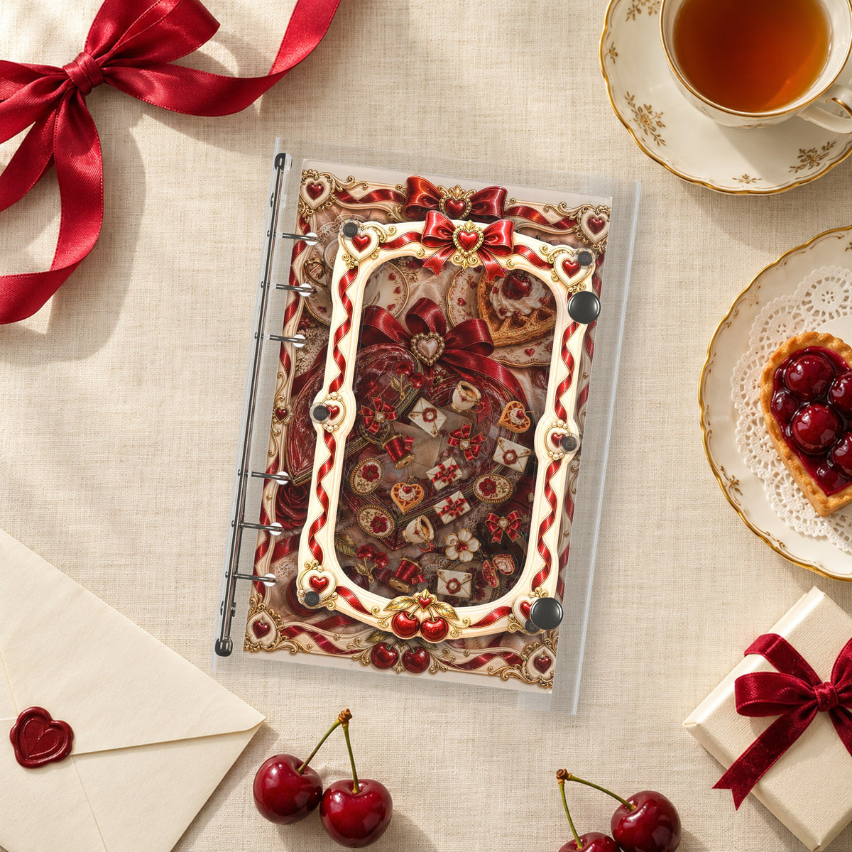 Red Ribbon Hearts shaker binder on a styled desk