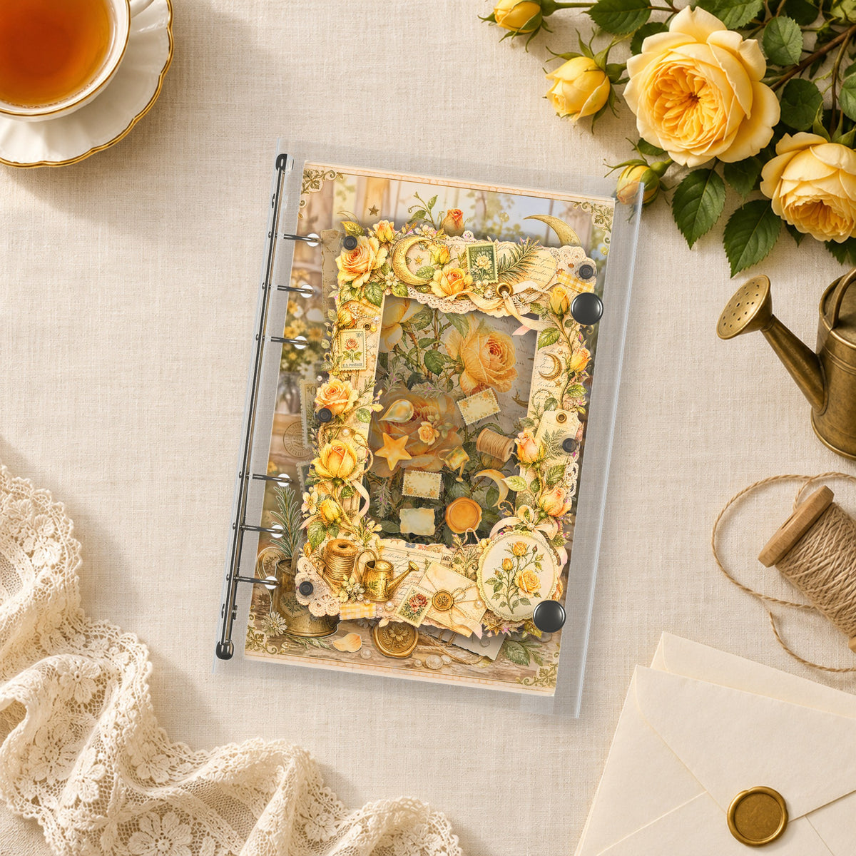 Golden Climbing Roses shaker binder on a styled desk