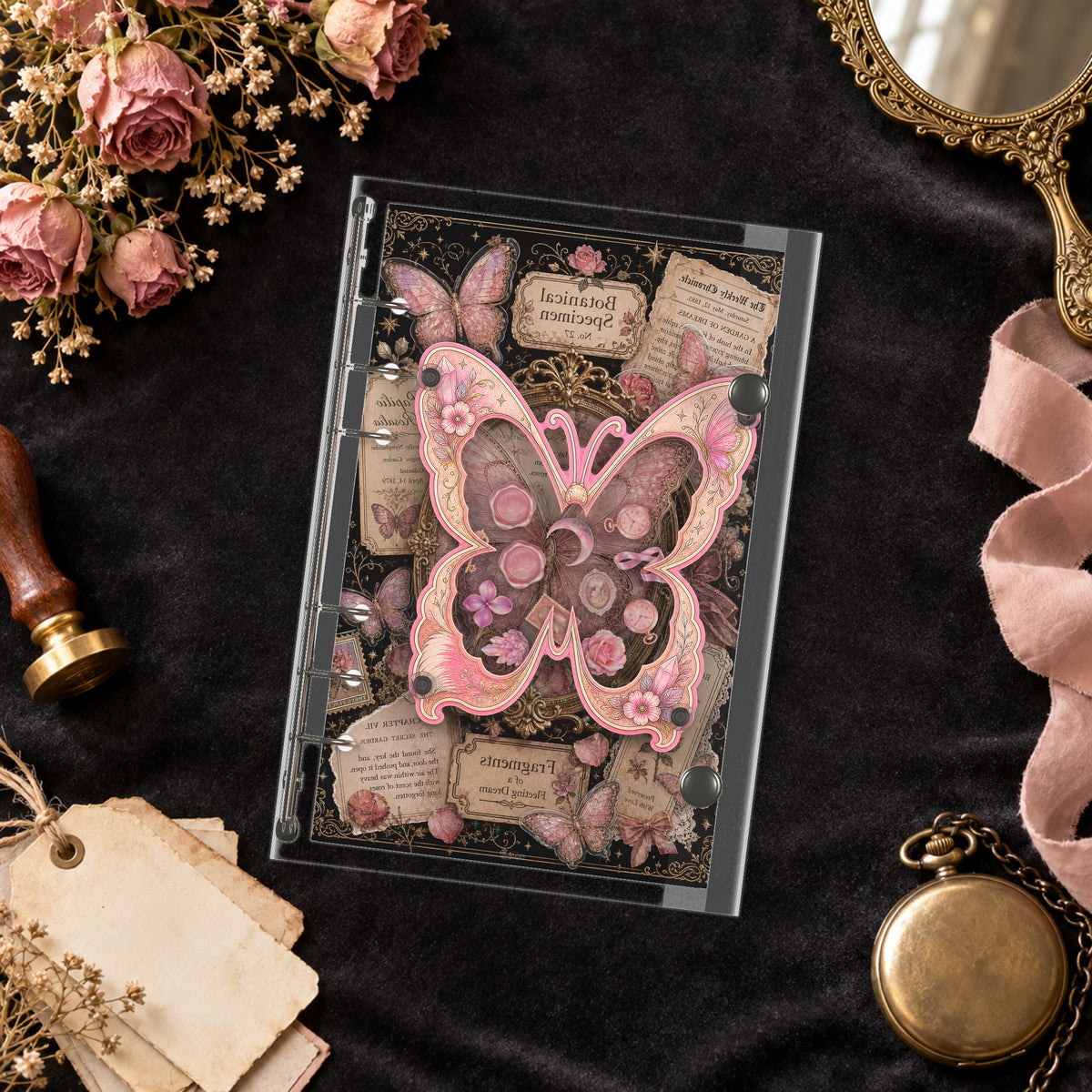 Pink Butterfly Specimen shaker binder on a styled desk