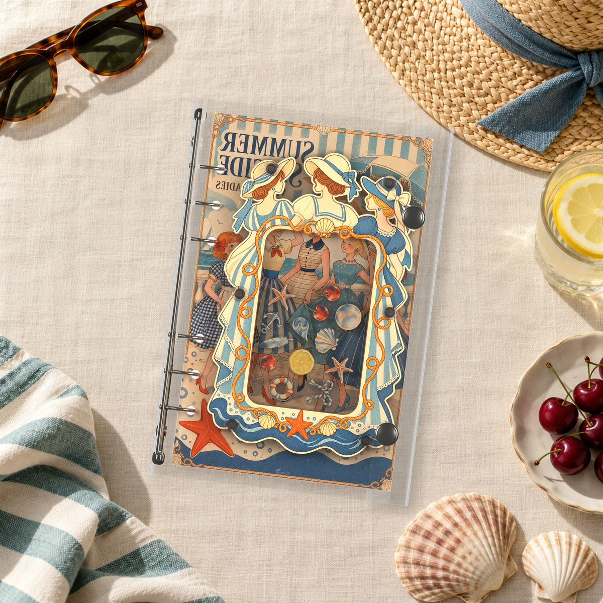 Retro Seaside Sisters shaker binder on a styled desk