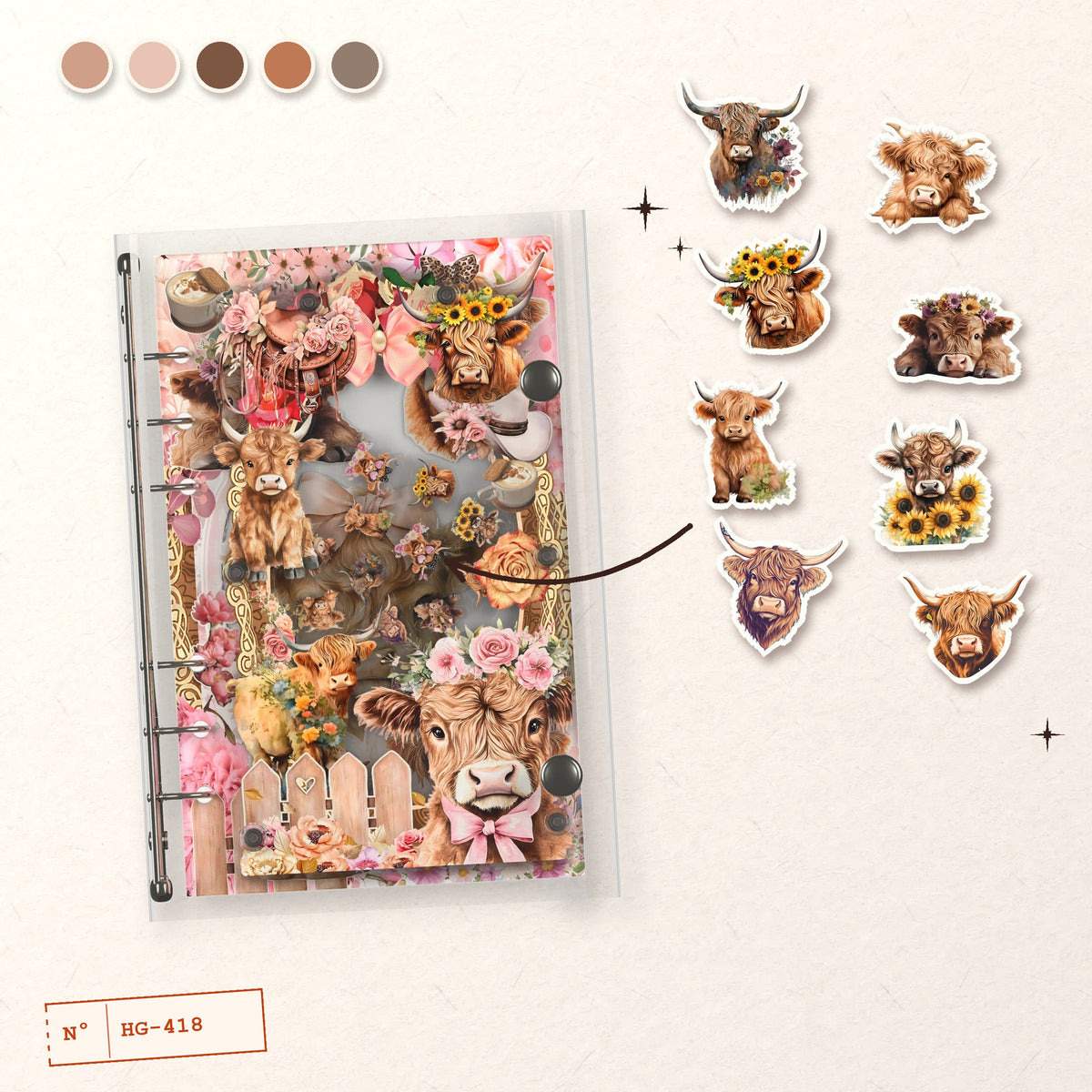 Floral Highland Cows design story: the charms inside and the cover