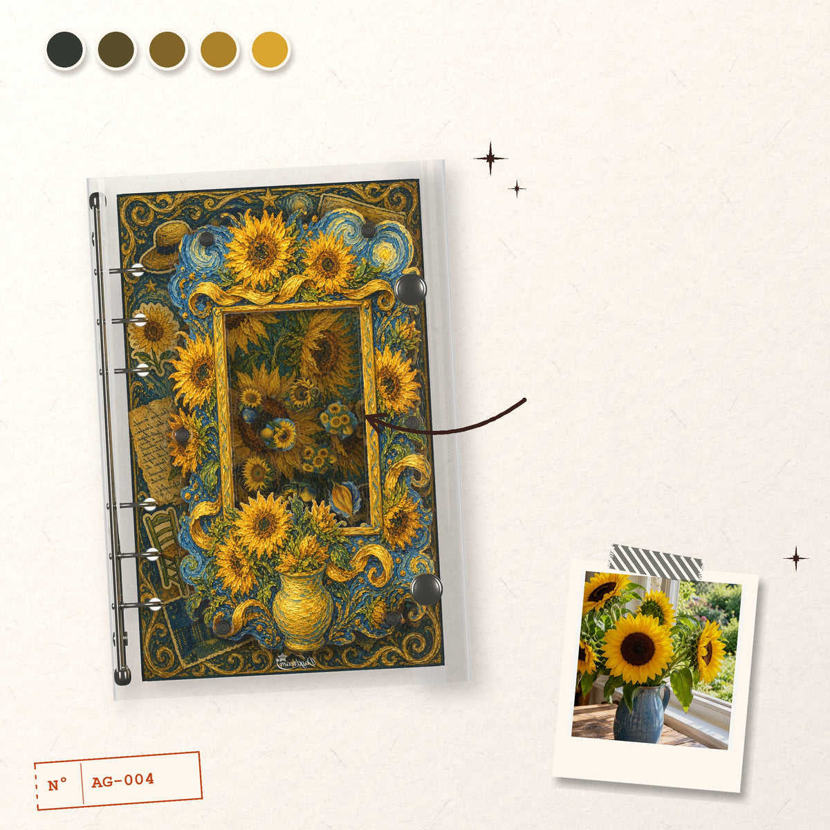 Oil Painted Sunflowers design story: the charms inside and the cover